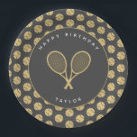Tennis Star - Tennis Ball Paper Plate<br><div class="desc">The tennis player or fan in your life will love these tennis themed plates featuring gold tennis racquets. Part of a collection from Parcel Studios. *Note: The gold in this product is faux. No real gold foil will be used in manufacturing this product.</div>