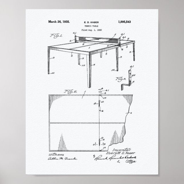 Tennis Table 1935 Patent Art White Paper Poster (Front)