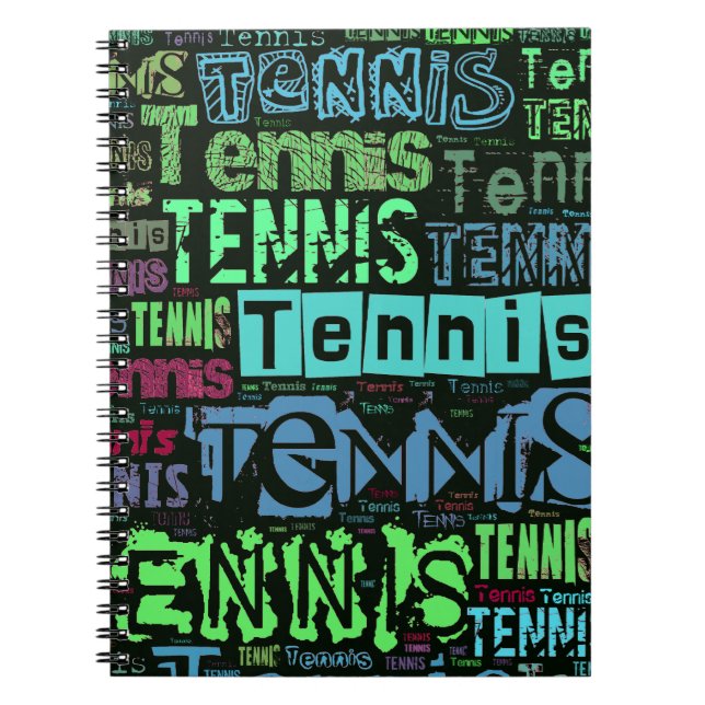Tennis Text Collage Spiral Notebook (Front)