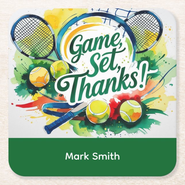 Tennis Thank you party with racket and ball  Square Paper Coaster (Front)