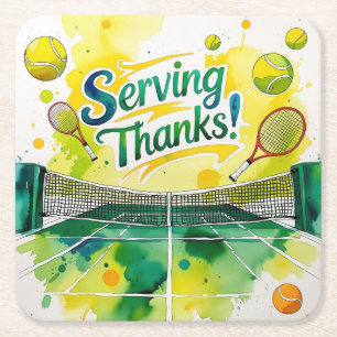 Tennis Thank you party with racket and ball  Square Paper Coaster