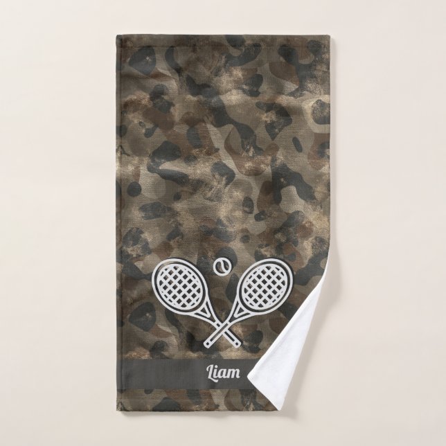 Tennis Theme Camo Monogrammed Name Tennis Ball  Hand Towel (Hand Towel)