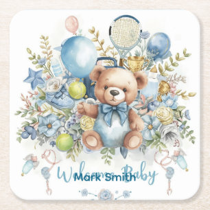Tennis themed Baby Shower for Baby Boy Party Square Paper Coaster