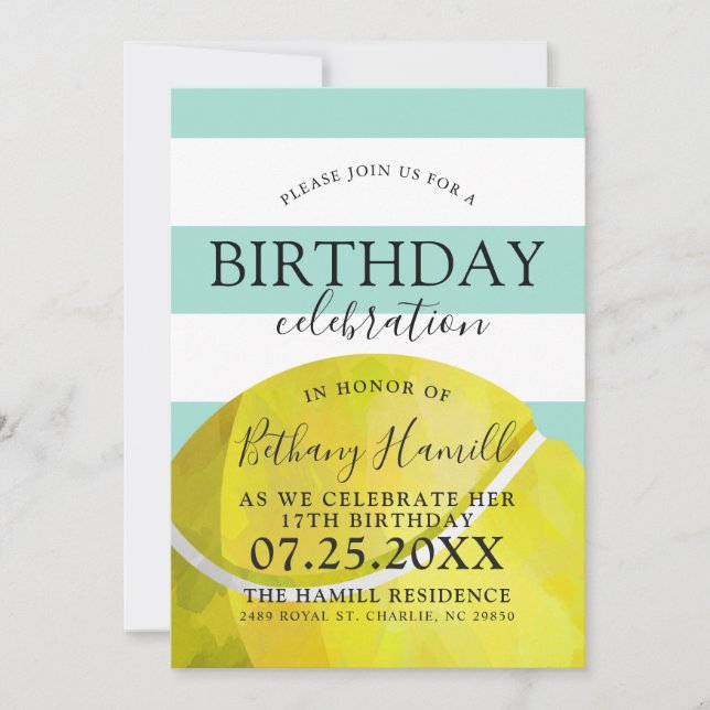 Tennis Themed Birthday Party Sage Invite (Front)