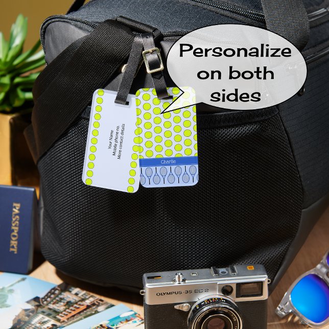 Tennis themed pattern custom name blue luggage tag (Creator Uploaded)