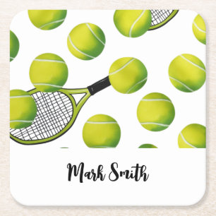 Tennis Themed with ball and racket Square Paper Coaster