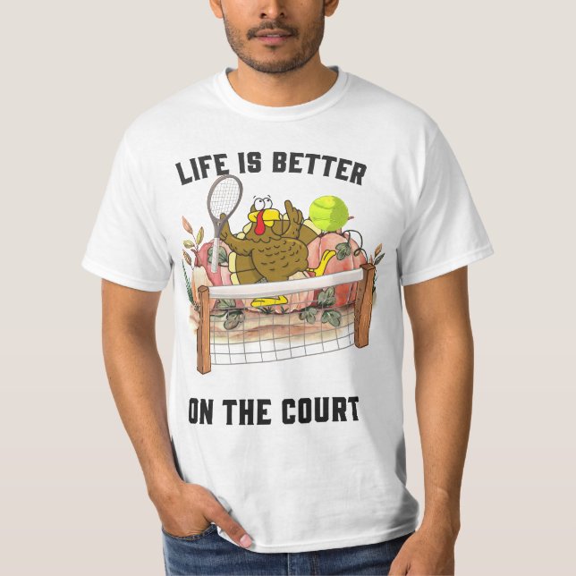Tennis Turkey Thanksgiving funny cartoon  cute T-S T-Shirt (Front)