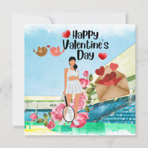 Tennis Valentine's Day with heart watercolor love Holiday Card