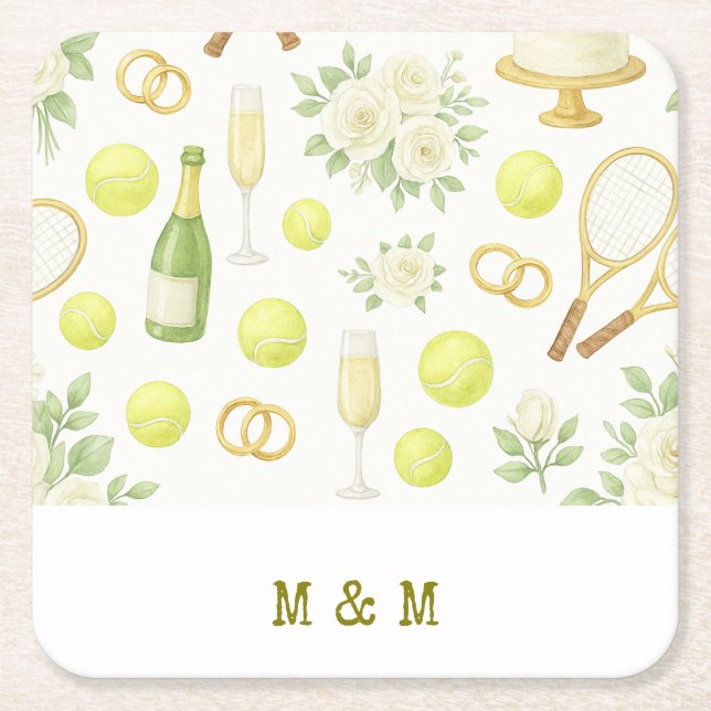 Tennis Wedding theme with Champagne Racket Ring Square Paper Coaster (Front)