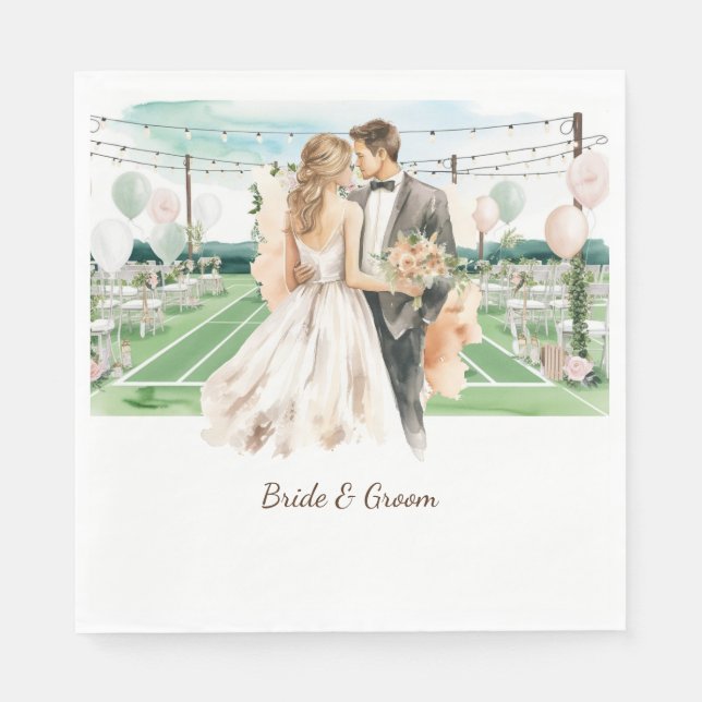 Tennis Wedding themed  Bride and groom on Court Napkin (Front)