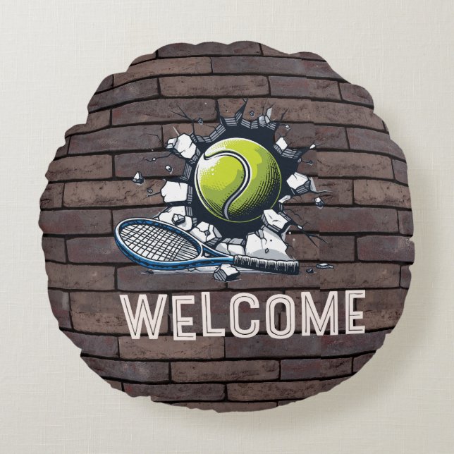Tennis Welcome tennis player ball cracking wall  Round Cushion (Front)