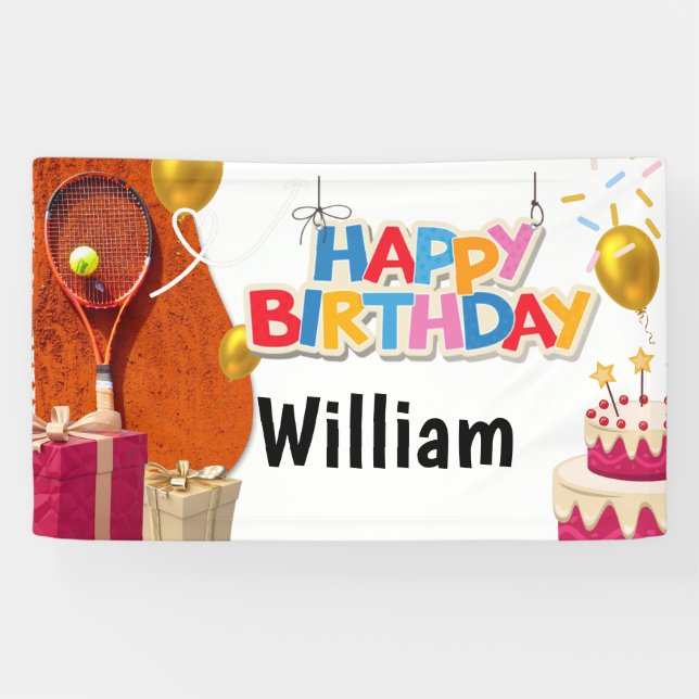Tennis with racket and ball  Happy Birthday  Banner (Horizontal)