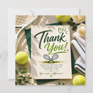 Tennis with racket and balls on green grass thank you card