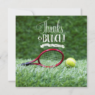 Tennis with racket and balls on green grass thank you card
