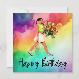 Tennis Woman Holds Bunch of Flowers Birthday Card