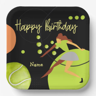 Tennis woman is playing Happy Birthday on yellow Paper Plate