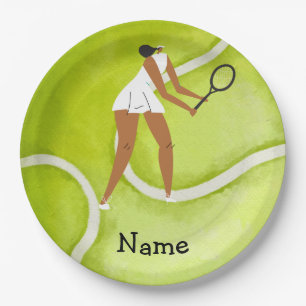 Tennis woman player on Tennis ball background Paper Plate