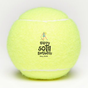 Tennis Woman Player with word Happy 50th Birthday Balls