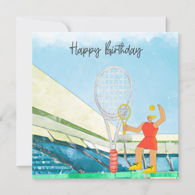 Tennis woman with Happy Birthday word  watercolor (Front)