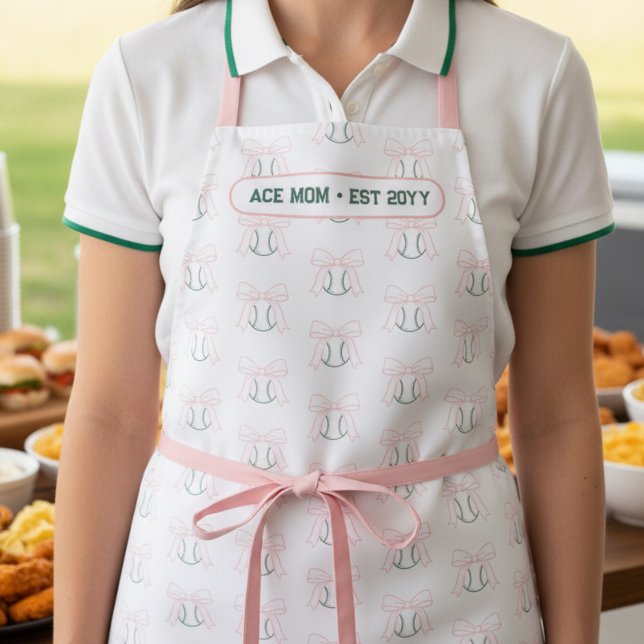 Tenniscore Ace Mom Preppy Coquette Tennis Ball Bow Apron ("Ace Mom" Tenniscore coquette sporty mom apron, with tennis ball and pink bow pattern)