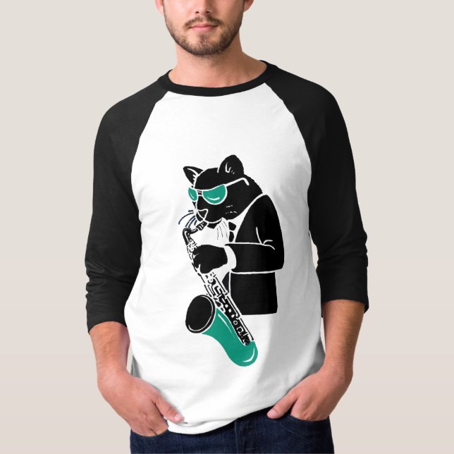Tenor Sax Cat - Teal T-Shirt (Front)