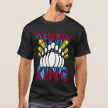 Tenpin Bowling King T-Shirt<br><div class="desc">Tenpin King, Great color graphic T-shirt featuring the text Tenpin King along with the pins and stars great for kids and adults who enjoy being in the bowling ally, better still who believe they are king of the game, this design can also be customized and there is also a grunge...</div>