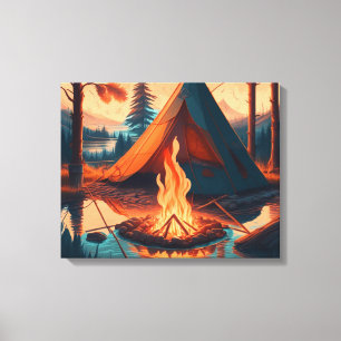 Tent and Campfire Vintage Colours Art Canvas Print