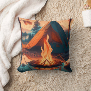Tent and Campfire Vintage Colours Art Cushion