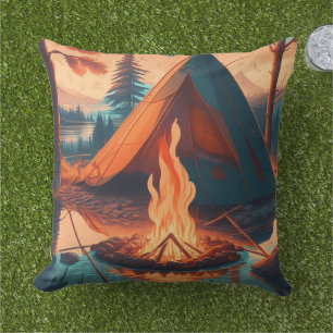 Tent and Campfire Vintage Colours Art Cushion