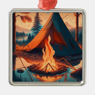 Tent and Campfire Vintage Colours Art Metal Tree Decoration