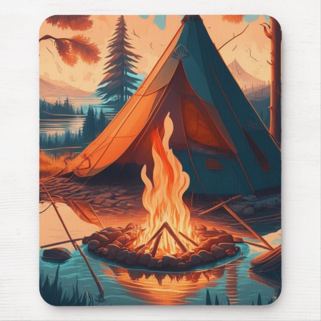 Tent and Campfire Vintage Colours Art Mouse Pad (Front)
