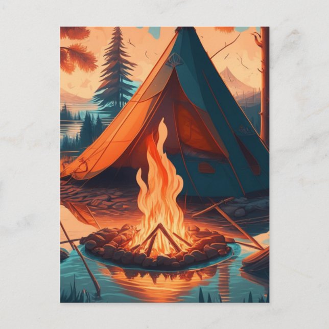 Tent and Campfire Vintage Colours Art Postcard (Front)