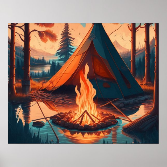 Tent and Campfire Vintage Colours Art Poster (Front)