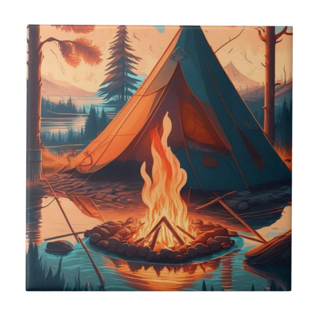 Tent and Campfire Vintage Colours Art Tile (Front)