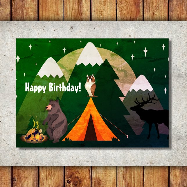 Tent and Forest Animals Mountain Camping Birthday Card (Creator Uploaded)