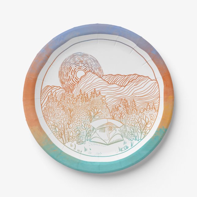 Tent Camping Mountain Scene Paper Plate (Front)