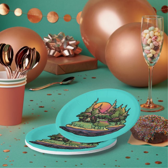 Tent Camping Wilderness Scene Paper Plate (Multi)