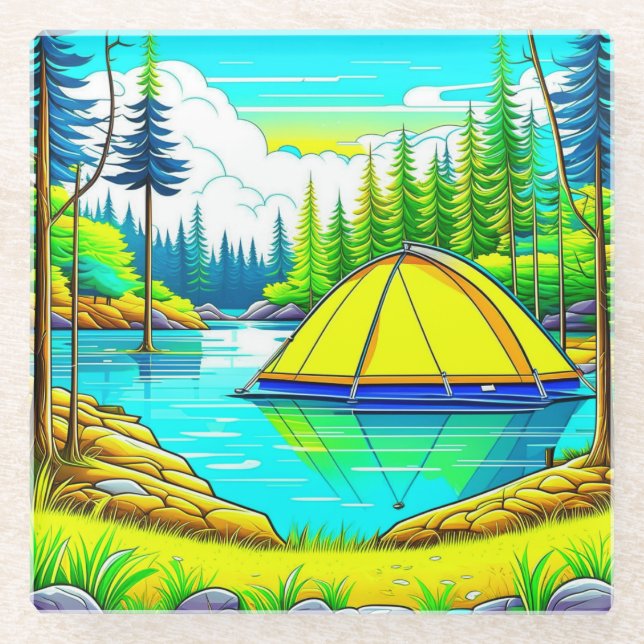 Tent Floating on the Lake Camping  Themed Glass Coaster (Front)