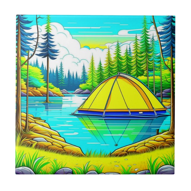 Tent Floating on the Lake Camping  Themed Tile (Front)