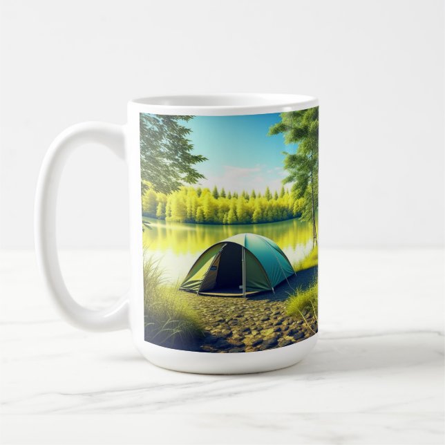 Tent in a Beautiful Forest by a Lake Coffee Mug (Left)
