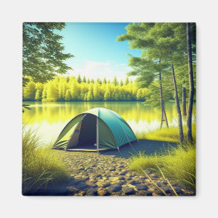 Tent in a Beautiful Forest by a Lake Magnet