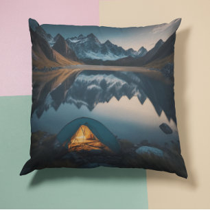 Tent, Mountains and Lake Camping Themed Art Cushion