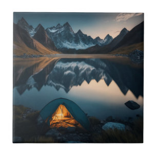 Tent, Mountains and Lake Camping Themed Art Tile