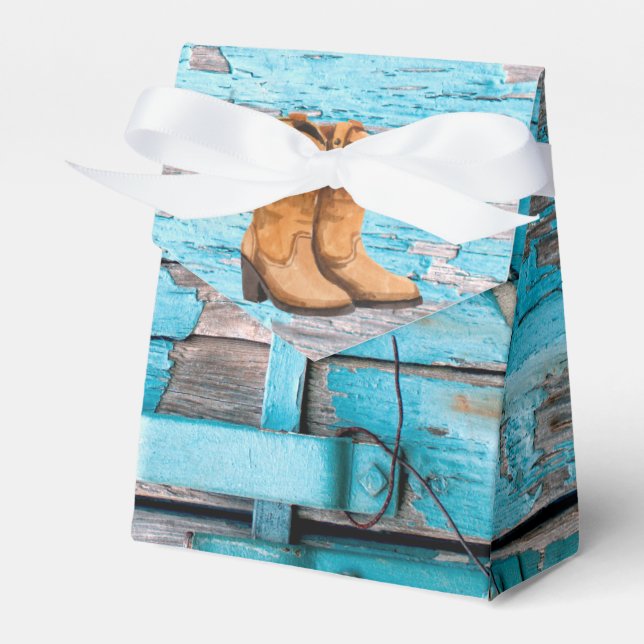Tent Paper Favour Box Blue Wood Barn Door Boots (Front Side)