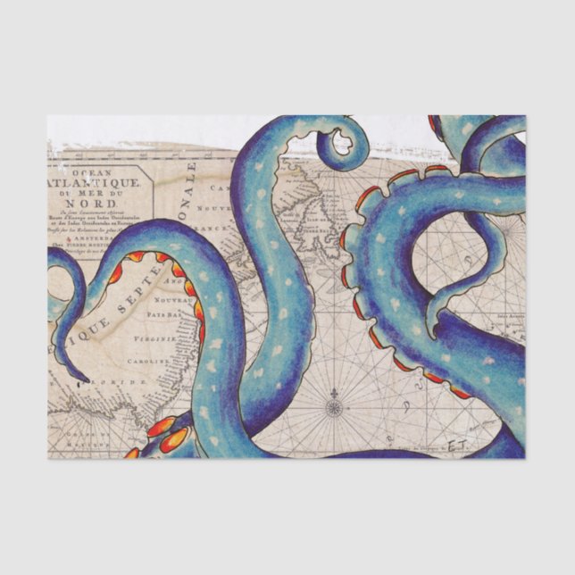 Tentacles dark blue Map Vintage Tissue Paper (Front)