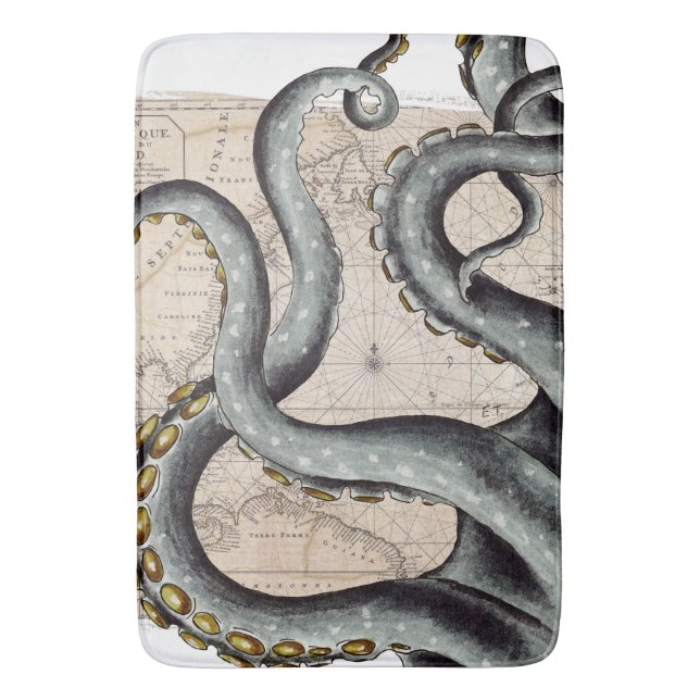 Tentacles Grey Map Vintage Bath Mat (Front Vertical)