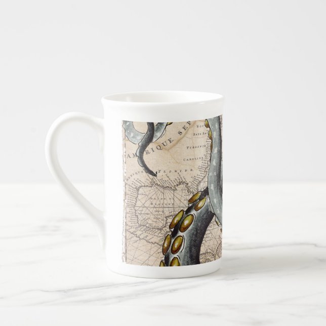 Tentacles Grey Map Vintage Bone China Mug (Left)