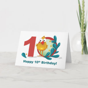 Tenth 10 Birthday with Funny Bird and Branch Card