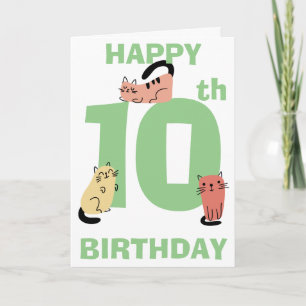 Tenth (10th) Birthday Doodle Cats Custom Message Card
