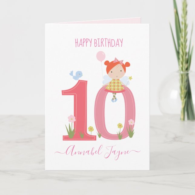 Tenth birthday fairy cute pink personalised  card (Front)